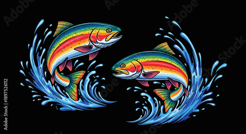 Two Colorful Rainbow Trout Fish Jumping and Splashing Out of Water on Black Background, Dynamic Vibrant Game Fish Illustration