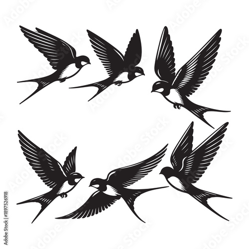 Hand drawn silhouette of flying swallow