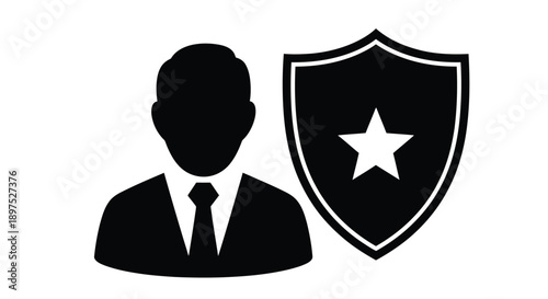 Silhouette of a person in a suit with a shield featuring a star