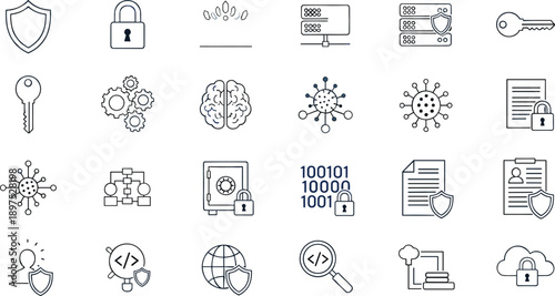 Cyber security outline icon set, data protection, encryption, firewall, network safety, digital privacy, system defense, line vector illustration