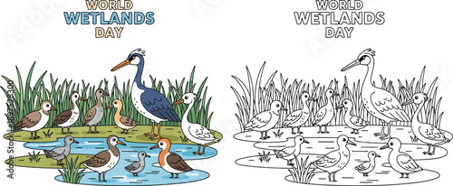 World Wetlands Day with Diverse Birds in a Lively Wetland Habitat