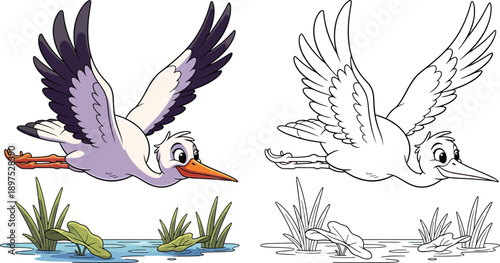 Happy Cartoon Stork Flying Over Water Adorable Wetland Bird Illustration for Nature and Kids Coloring