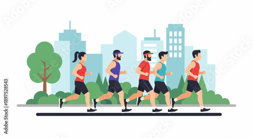 Running Men in a City Park Digital Illustration Showcasing Energy, Nature, and Urban Life from a Right-Facing Viewpoint