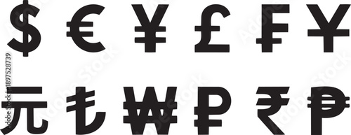 Global Currency Symbols: A diverse set of global currency symbols, signifying international trade and financial transactions.