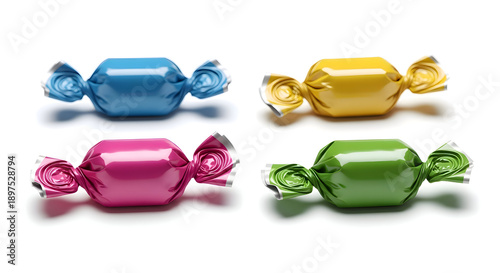 Colorful wrapped candies in blue yellow pink and green on white background sweet treats for snacking and dessert