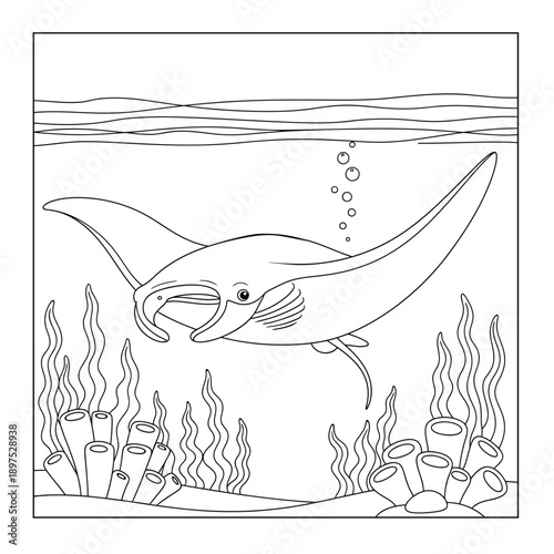 A graceful manta ray glides through a coral reef, surrounded by bubbles and swaying ocean plants.