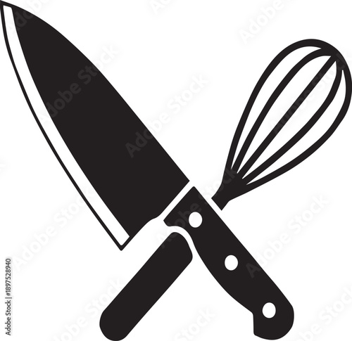 Minimalist Crossed Chefs Knife and Wire Whisk Kitchen Silhouettes