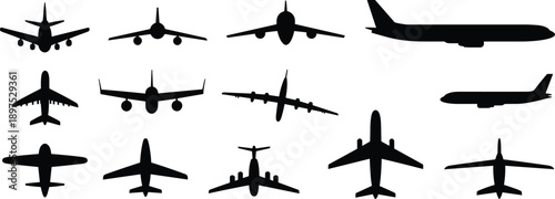 Airplane silhouette vector set showing commercial aircraft from multiple angles, minimalist aviation illustration for travel, transportation, airport icons, logistics design, and infographic use stock