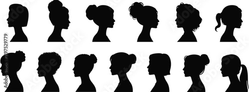 Female profile silhouette collection with diverse women hairstyles in side view, minimalist vector illustration for avatars, identity, beauty branding, fashion concepts, and profile design stock