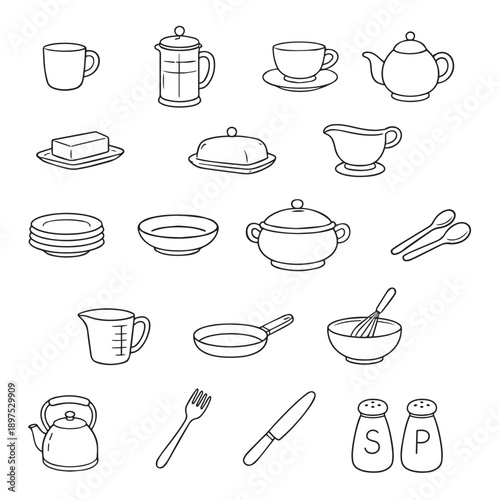 Set of kitchen utensils and tableware icons in clean outline style. Includes cups, teapot, kettle, plates, bowls, frying pan, measuring cup, butter dish, gravy boat, cutlery, salt and pepper shakers