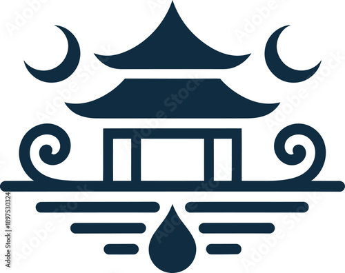 A chinese temple with crescent moons and water