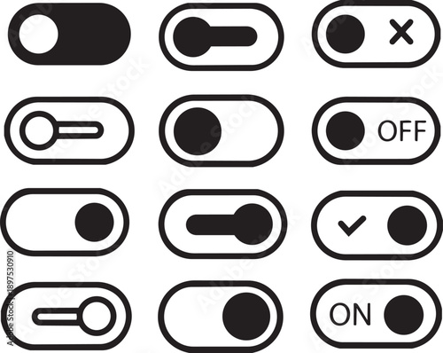 Toggle Switch Icons: A set of simple, minimalist toggle switch icons in various states, perfect for user interface and design elements.