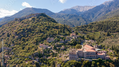 Aerial view of the medieval Byzantine city of Mystras, Peloponnese, Greece
