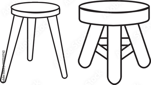 Wooden Stool Duo: A pair of wooden stools. one with slender legs and one with a wider base, stand side by side, showcasing simple elegance and functional design.