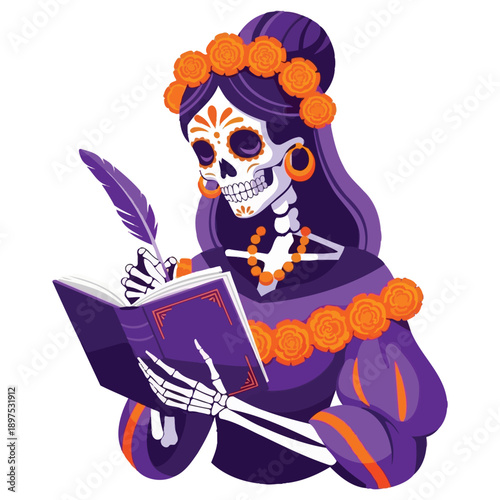 Elegant calavera skeleton writing in a book with a quill pen