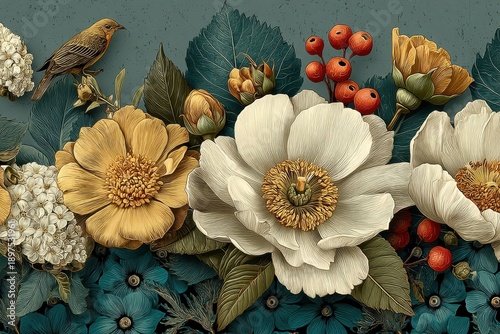 Elegant botanical illustration with large white and peach flowers, blue blooms, leaves, and berries for decorative use