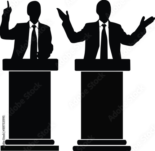 Debate Silhouettes: Dynamic silhouettes of two speakers, each in mid-speech from behind a podium, set against a pristine backdrop, embody the essence of debate and communication.