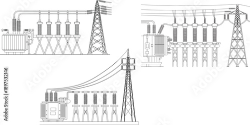 High voltage power substation vector illustration, electrical transformer and transmission tower line drawing, industrial energy infrastructure schematic technical engineering diagram