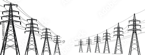 High voltage transmission towers silhouette vector illustration, electric power lines infrastructure, energy grid electricity distribution industrial engineering background design concept