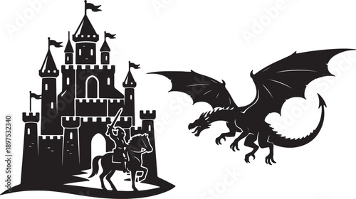 Black silhouette of a medieval castle with a knight on horseback facing a flying dragon also transparent background