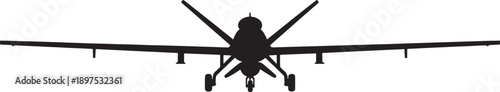Black silhouette of a military drone with wide wings and landing gear on a white background also transparent background