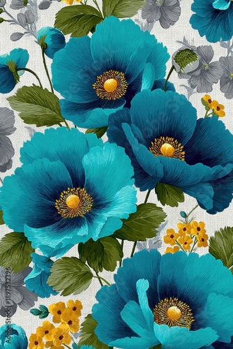 Teal blue floral pattern with oversized poppies for vintage fabric, wallpaper, and decor projects inspiration
