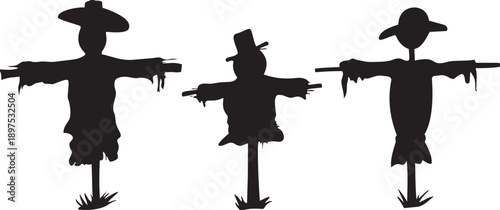 Silhouette Scarecrow Trio: Three whimsical scarecrows stand guard, their silhouetted forms against a backdrop, invoking a sense of rustic charm and autumnal festivity.