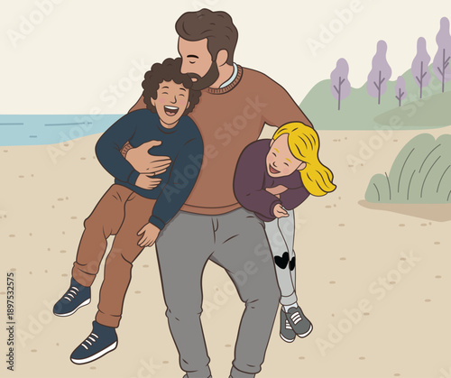 Happy father hugging and playing with his son and daughter on the beach, flat vector illustration.