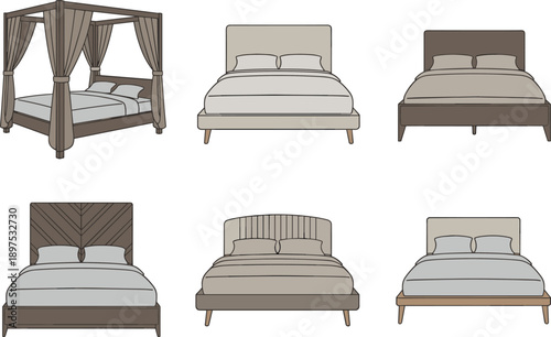 Modern bedroom bed collection illustration set, upholstered platform beds and canopy bed designs, minimalist interior furniture vector style neutral palette