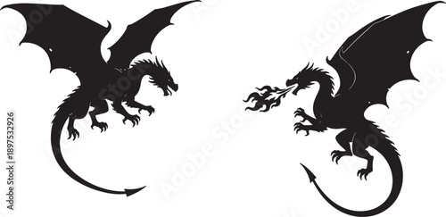 Two black silhouette dragons one breathing fire and one with open mouth on white background also transparent background