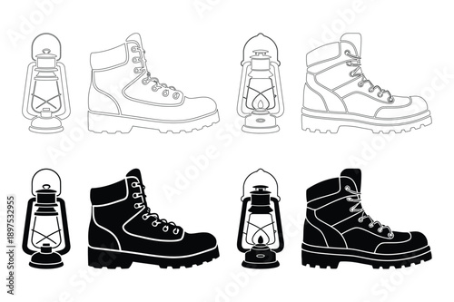 Hiking and Camping Gear Icons: Boots and Lanterns