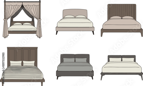 Modern bedroom bed collection illustration, canopy and upholstered bed designs, minimalist interior furniture set, neutral colors, flat vector style