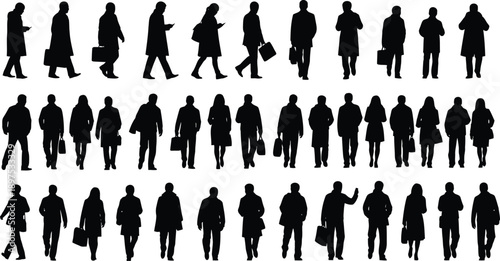 Business people silhouettes walking with briefcases and using mobile smartphones