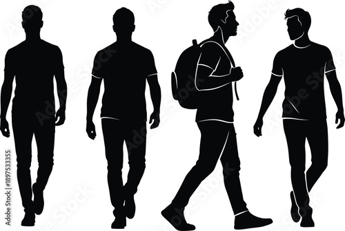 Diverse group of men walking in casual clothing and backpack for urban lifestyle