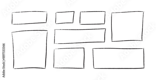 Hand drawn crayon box frame with black pen border and doodle rectangle shape. Childish chalk texture with rough brush strokes. Cute pastel frames for school or kindergarten posters, text design.