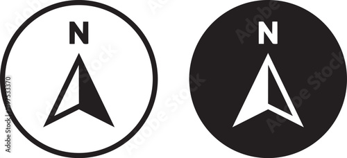 Navigational Compass Symbols: A set of minimalist compass rose icons, presented in both black on white and white on black designs. Perfect for mapping, wayfinding, and direction.