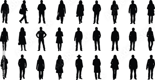 Silhouette collection of walking pedestrians and people in winter casual clothes