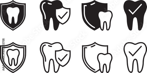 Tooth Care & Protection: A collection of stylized icons, depicting teeth within shields, representing concepts of dental care and protection.