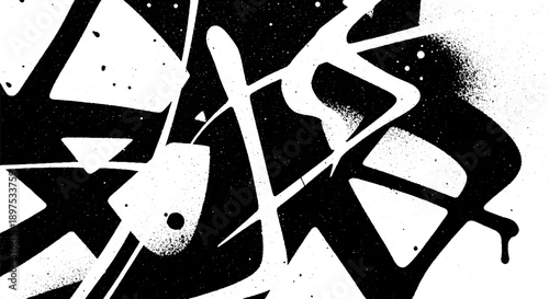 Dynamic black and white graffiti art with abstract shapes and paint splatters.