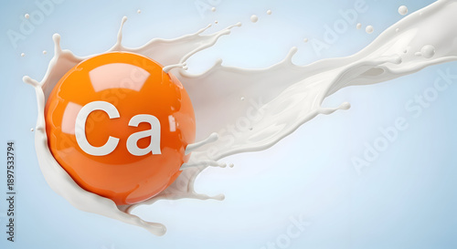 Calcium supplement concept with orange sphere and milk splash on blue background symbolizing nutrition and health