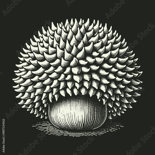 Detailed Engraving of a Spiky Sea Anemone on Black Background.