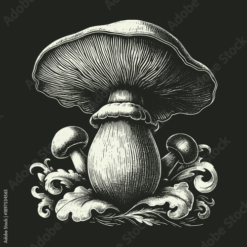 Detailed Mushroom Illustration with Ornamental Leaves on Dark Background.