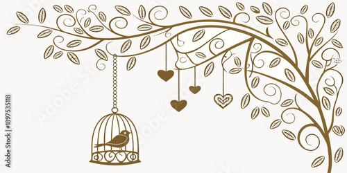 A decorative tree branch with a birdcage and hanging hearts, vector