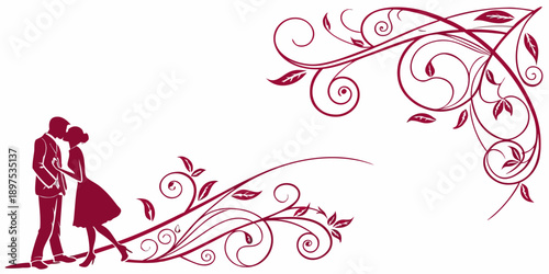 Silhouette of a romantic couple kissing surrounded by elegant floral swirls and decorative ornaments on a white background