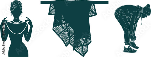 Silhouette of Woman with Pearls and Woman Tying Shoes Keywords: silhouette, woman, pearls, necklace, jewelry, elegance, fashion