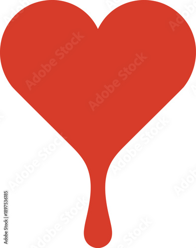 A graphic illustration of a red heart with a single drop dripping from the bottom on a plain white background