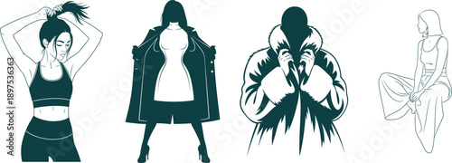 Women Silhouettes in Activewear, Outerwear, and Casual Attire on White Keywords: fashion, woman, silhouette, elegant, stylish