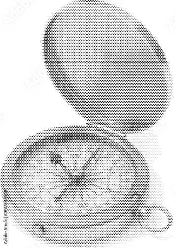 Silver metallic vintage pocket compass vector illustration, open lid, detailed navigation tool isolated on white