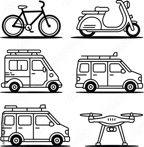 A collection of transportation icons featuring various vehicles in black and white line art