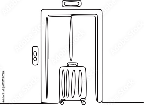 A simple line drawing of a luggage cart with a suitcase standing next to a door handle